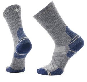 Two gray socks with blue heels and toes, showing the logo near the top of one sock.