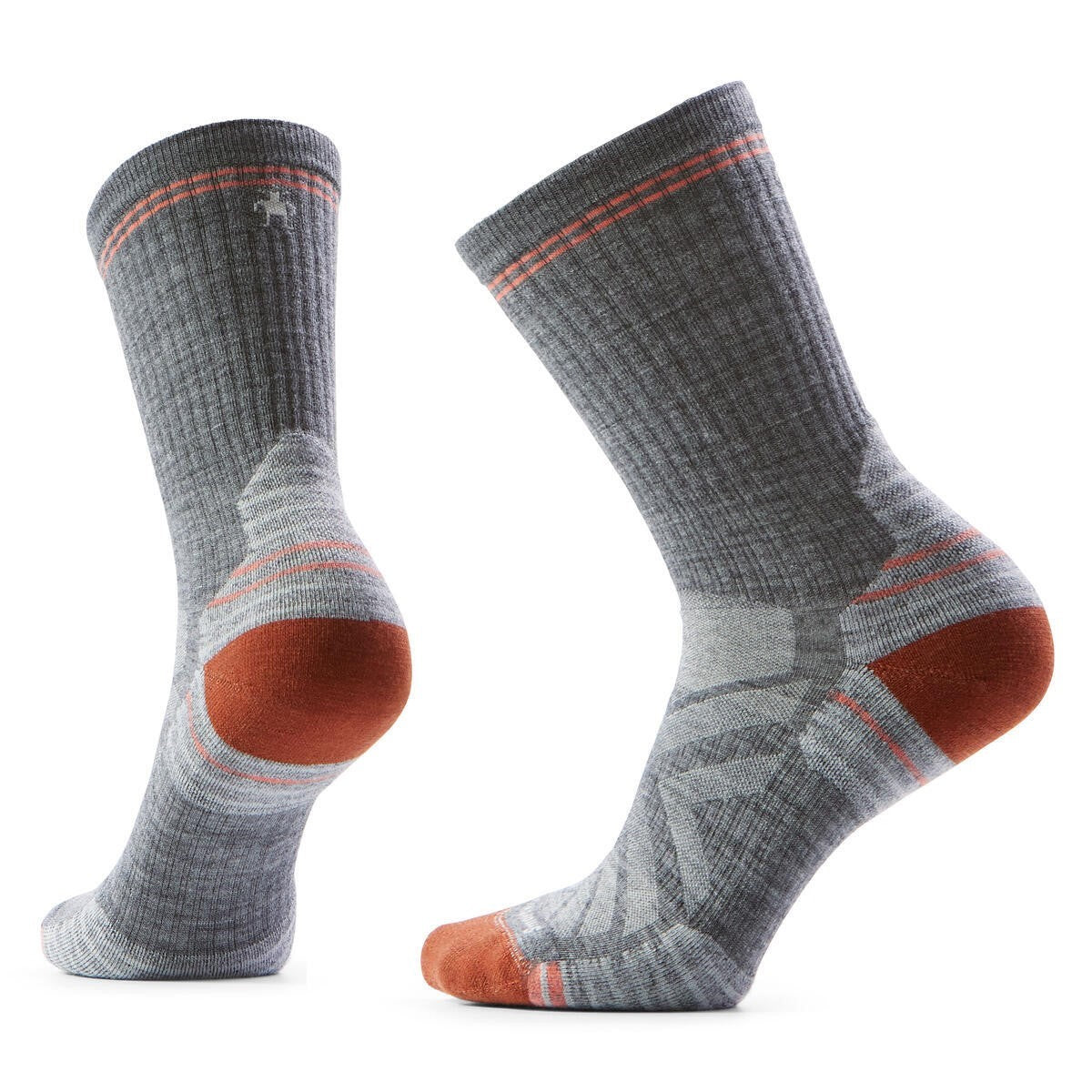 Pair of gray socks with a copper heel and toe and thin pink stripe detail.