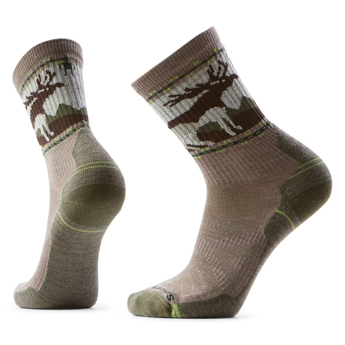 Pair of brown wool socks with moose pattern at the top.