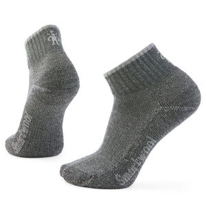 Two gray ankle socks, one standing showing the side, one standing showing the back.