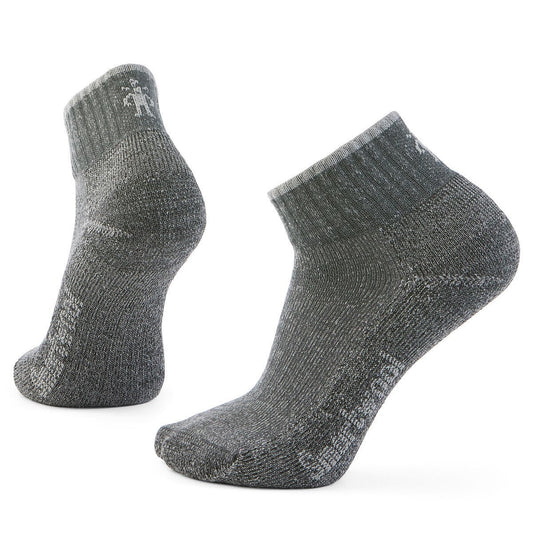 Two gray ankle socks, one standing showing the side, one standing showing the back.