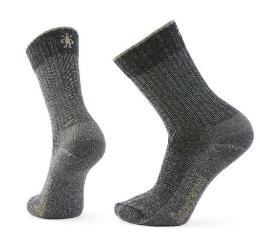 Two gray crew socks with a logo at the top of one.