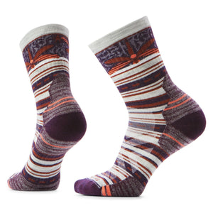 Pair of patterned crew socks in stripes of purple, white, orange, and grey, with floral accent.