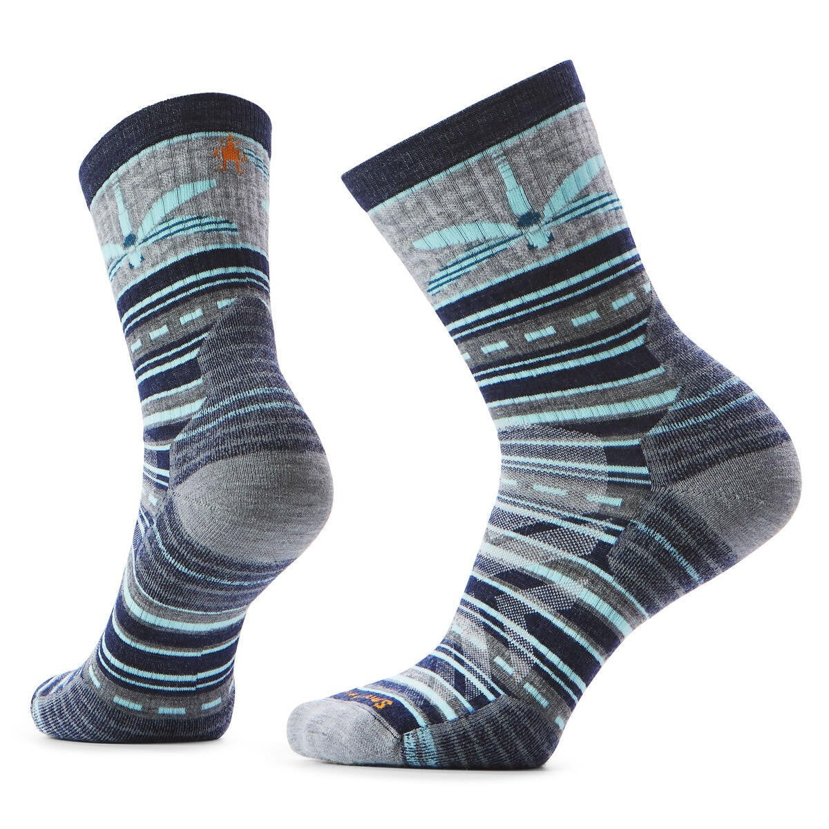 Two patterned crew socks featuring light blue dragonflies and stripes in gray and navy.