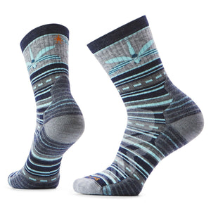 Two patterned crew socks featuring light blue dragonflies and stripes in gray and navy.