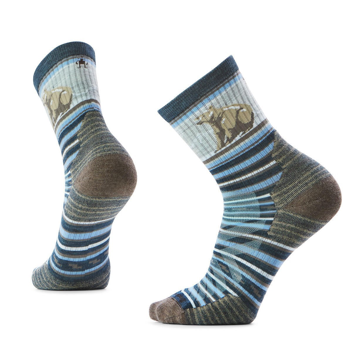 Two socks with horizontal stripes and a bear design on the upper part.