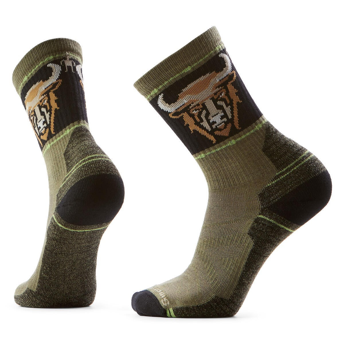 Pair of olive green crew socks with a stylized bull design.