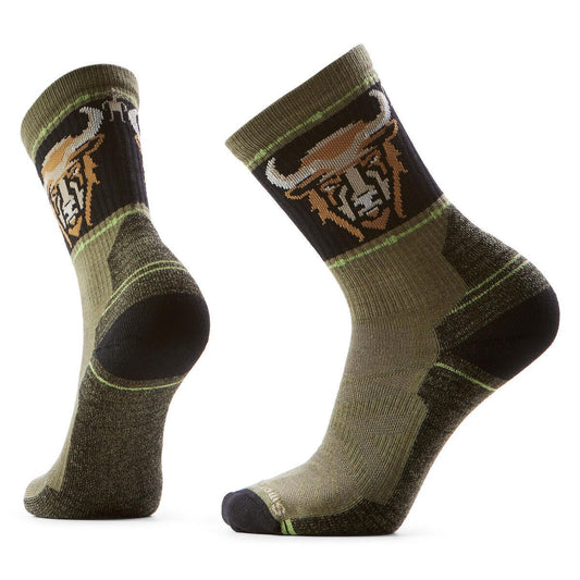 Pair of olive green crew socks with a stylized bull design.