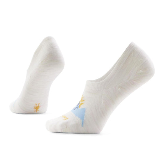 Pair of white no-show socks, one standing up with design on the toe.