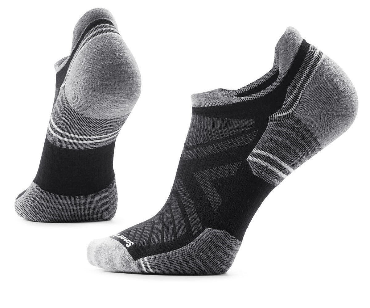 Pair of Smartwool black and gray no-show socks with stripes.