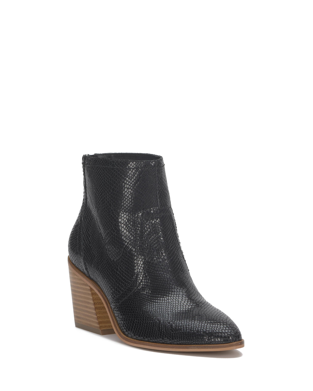 Black snake print ankle boot with a tall, angled heel.