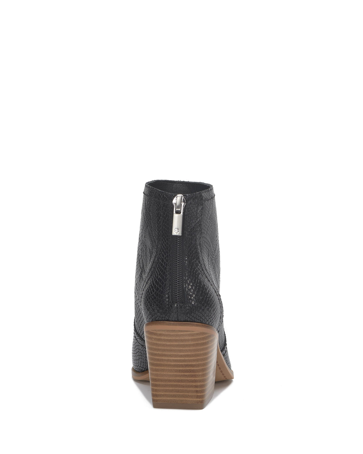 Black ankle boot with wood-look heel.