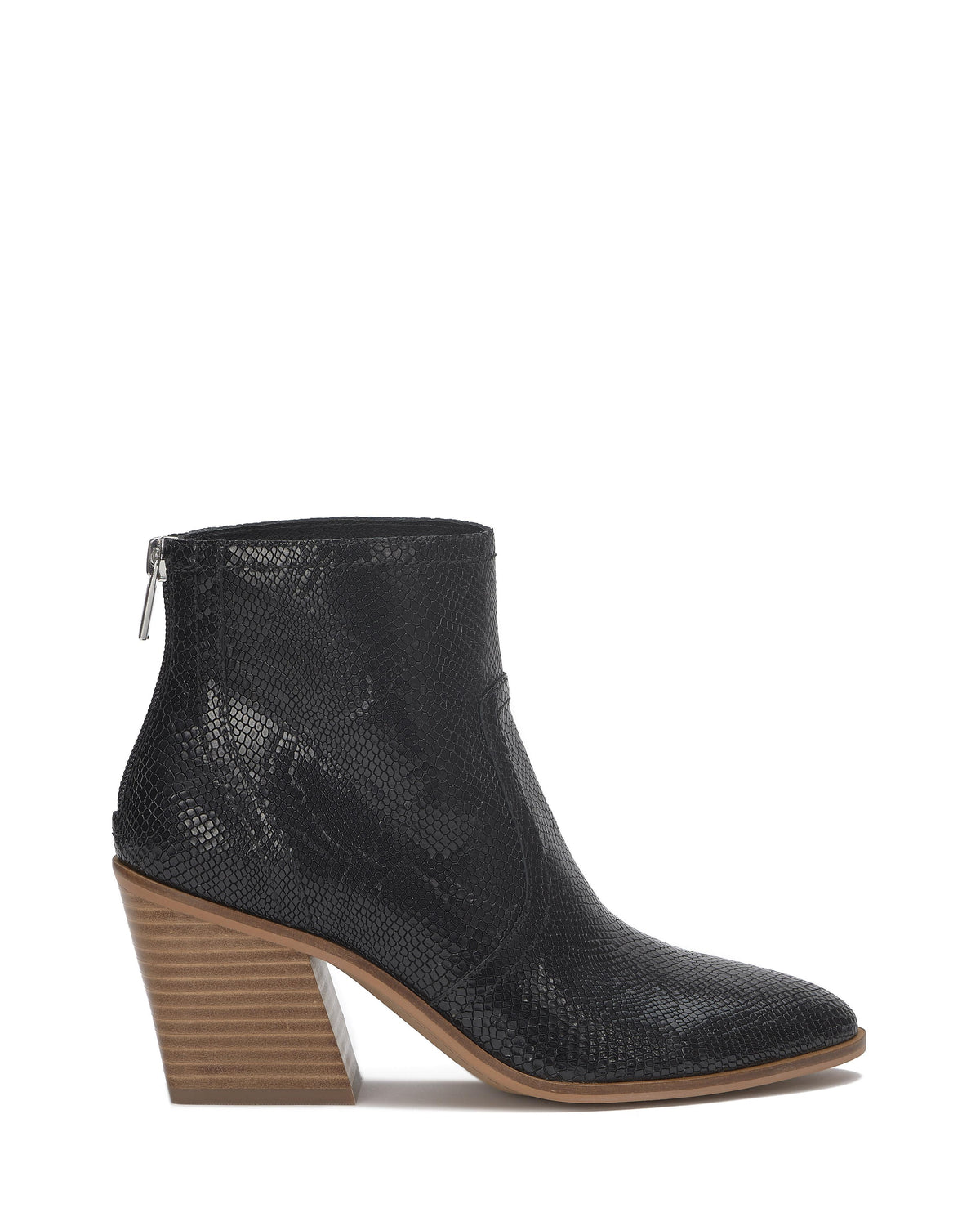 Black snake print ankle boot with a block heel.