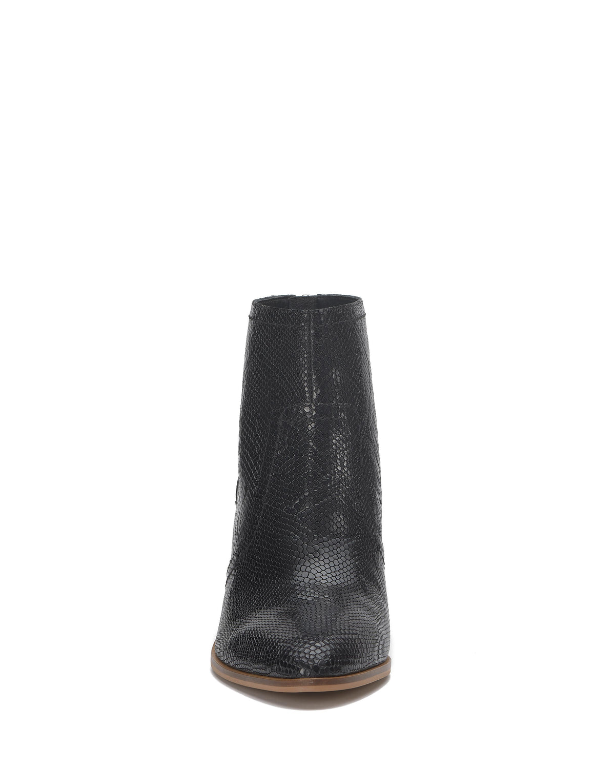 Close-up of a black snakeskin-textured ankle boot with a chunky heel.