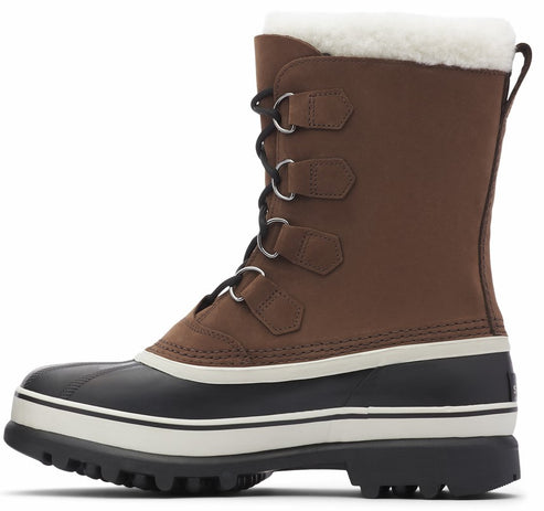 Brown and black snow boot with white faux fur trim.
