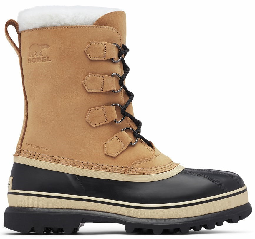 Tan-colored, mid-calf height, waterproof boot with black rubber toe, black lug sole and shearling-style trim