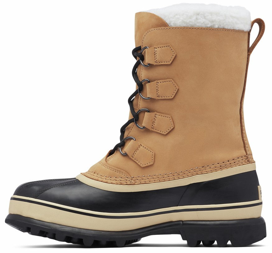Tall beige and black winter boot with laces and a faux fur lining.