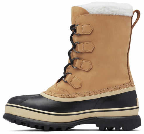 Tall beige and black winter boot with laces and a faux fur lining.