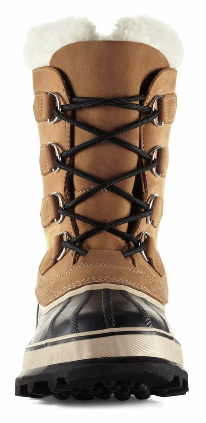 Tan and black winter boot with fur lining and black laces.