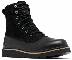 Black lace-up boot with a leather toe and a textured fabric shaft.