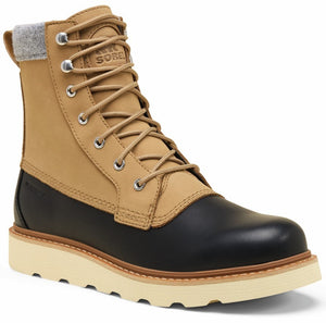 Tan and black ankle-high boot with a lace-up closure, a gray wool-like accent on the back, and the word "SOREL" on the tongue.
