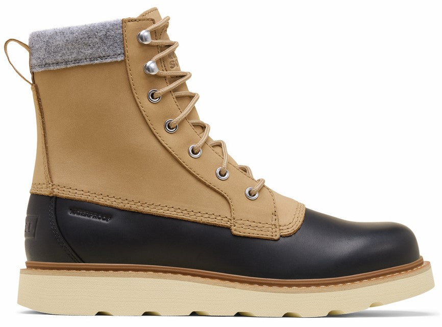 Tan and black waterproof leather boot with a gray wool collar and a thick white sole.