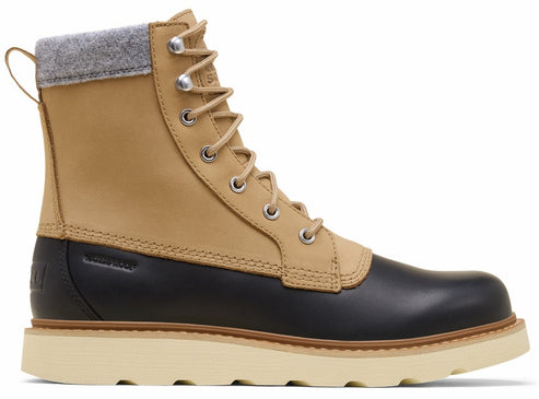 Tan and black waterproof leather boot with a gray wool collar and a thick white sole.