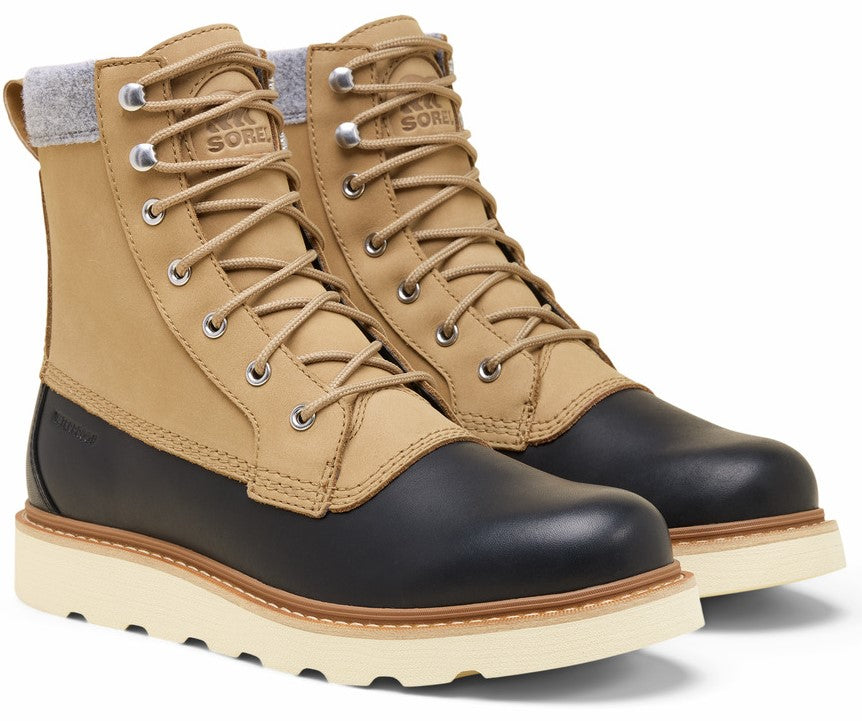 A pair of lace-up work boots with tan uppers, black toe and heel caps, and white soles with brown trim.