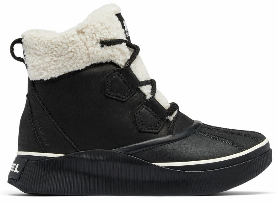 Black boot with plush white lining, lace up, and thick sole.