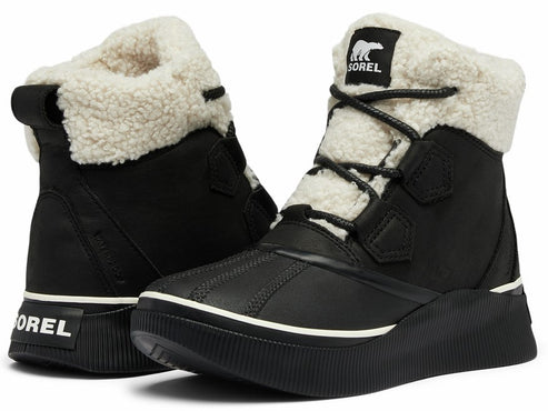 Pair of black lace-up boots with white shearling lining and "SOREL" text on the back.
