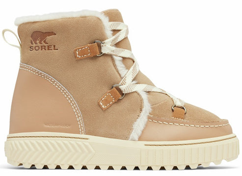 Tan suede boot with faux fur trim and white criss-cross laces, the logo has a bear image, and the word SOREL.