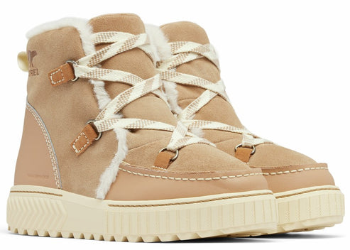 Tan suede winter boots with cream-colored laces and shearling lining.