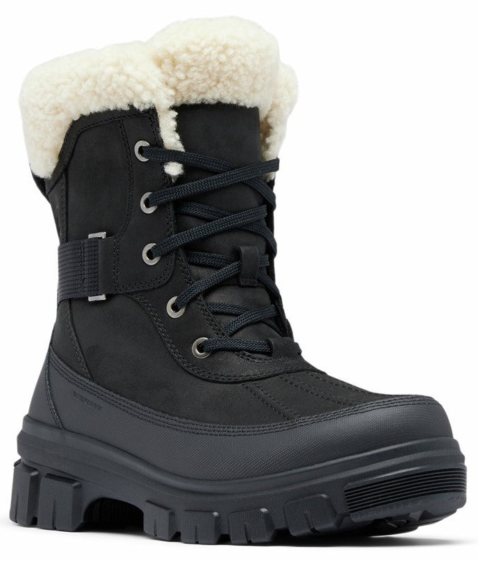 Black snow boot with faux fur trim and lace-up closure