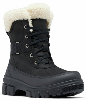 Black snow boot with faux fur trim and lace-up closure