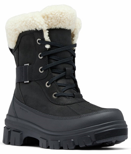 Black snow boot with faux fur trim and lace-up closure