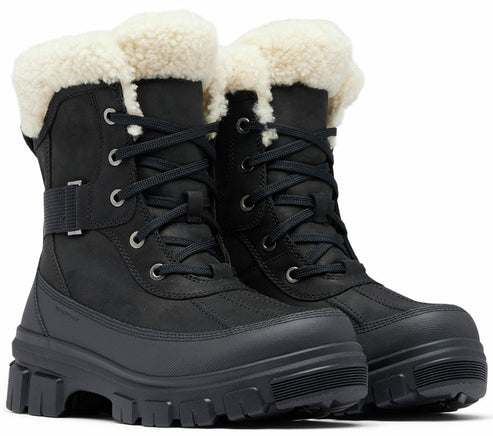 Pair of black, lace-up boots with white faux-fur trim.