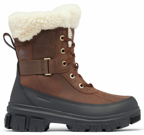 Brown waterproof boot with faux-fur trim, a brown strap, and a chunky black sole.