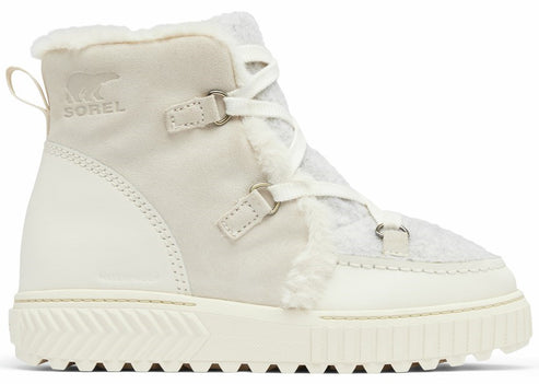 Off-white ankle boot with white fur trim, lug sole, lace-up closure, and 'SOREL' with bear logo on the side.
