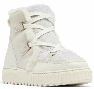Ankle-high white boot with fur and lace-up closure.