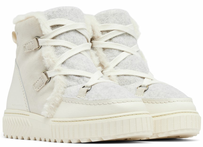 Pair of cream-colored, high-top winter boots with faux fur lining and crisscross laces.