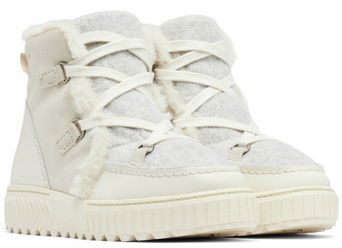Pair of cream-colored, high-top winter boots with faux fur lining and crisscross laces.