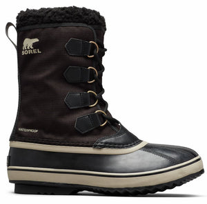Tall winter boot with faux fur collar, waterproof upper, triple buckle lacing and rubber sole.