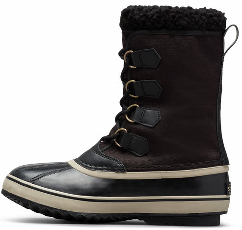 Black and brown snow boot with shearling lining and buckle detail.
