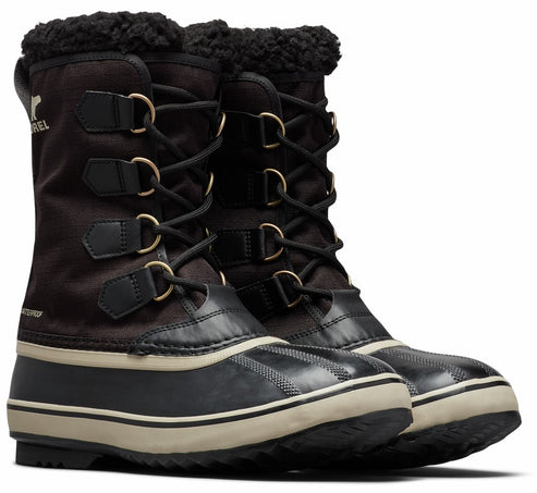 A pair of tall snow boots with black and brown uppers, cream-colored midsoles, black bottoms, and black laces.