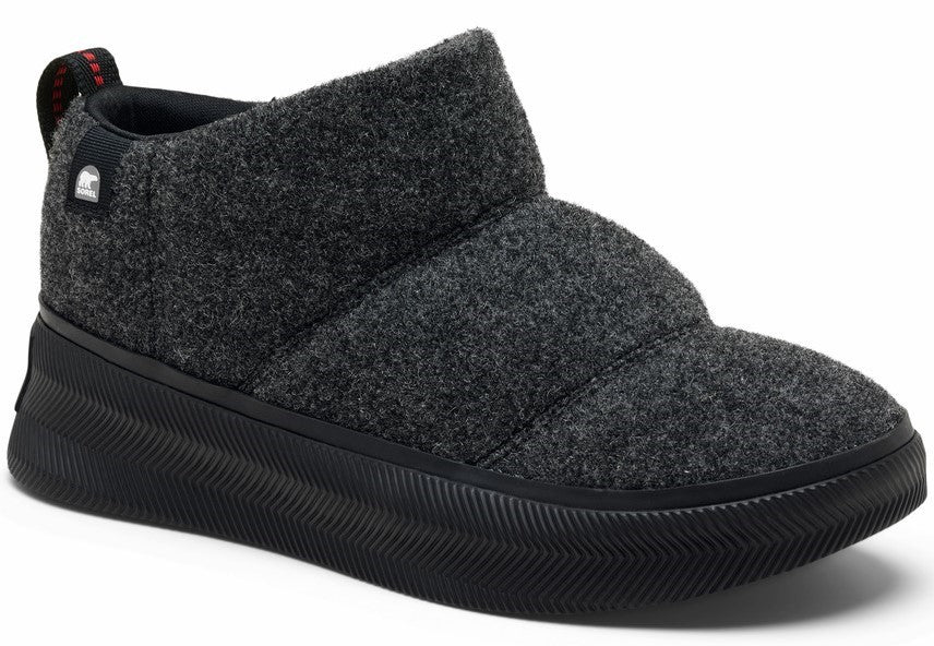 A dark gray, ankle-high slipper featuring a puffy, quilted design and a thick, black sole.