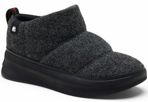 A dark gray, ankle-high slipper featuring a puffy, quilted design and a thick, black sole.