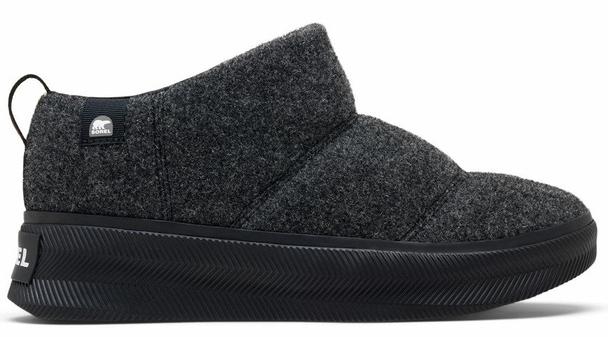 A gray slipper with a thick black sole and a loop on the back.