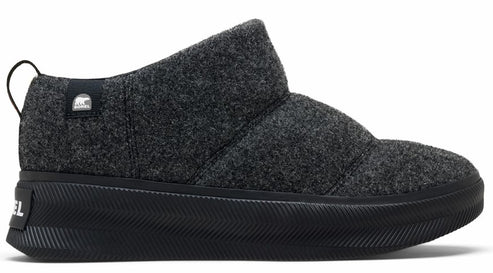 A gray slipper with a thick black sole and a loop on the back.