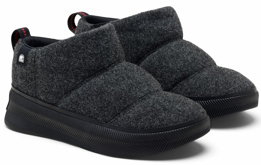 Pair of dark gray, ankle-high, puffy slippers with black soles.