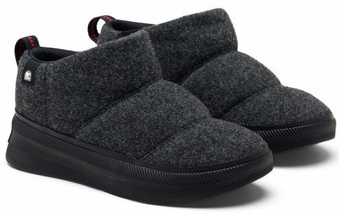 Pair of dark gray, ankle-high, puffy slippers with black soles.